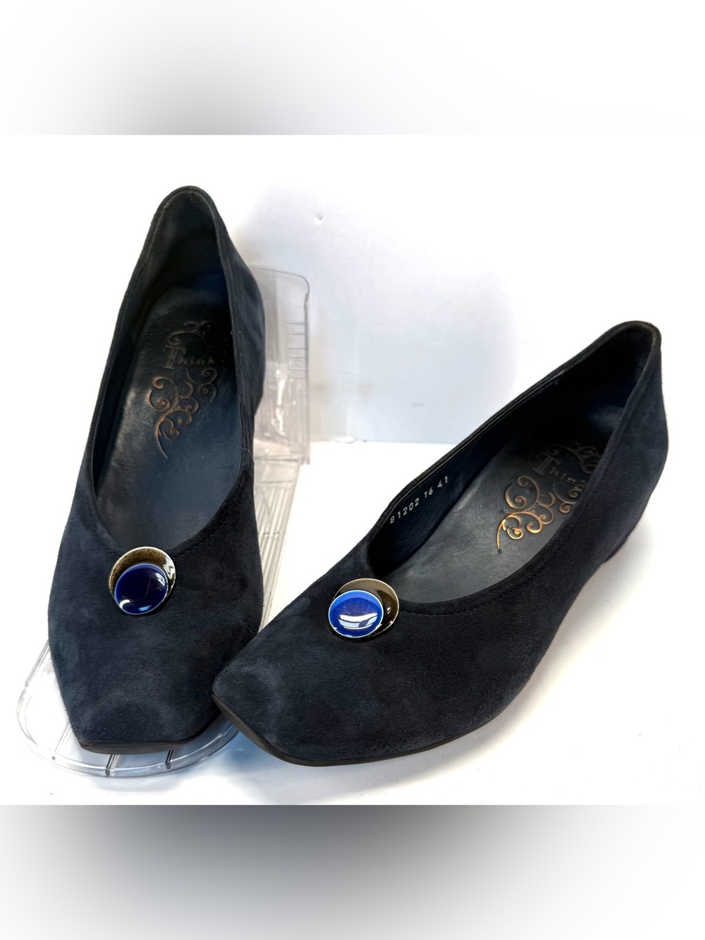 Think! Navy Blue Suede Low wedge Heel Flats with Blue jewel Accent size 10 - Picture 2 of 16